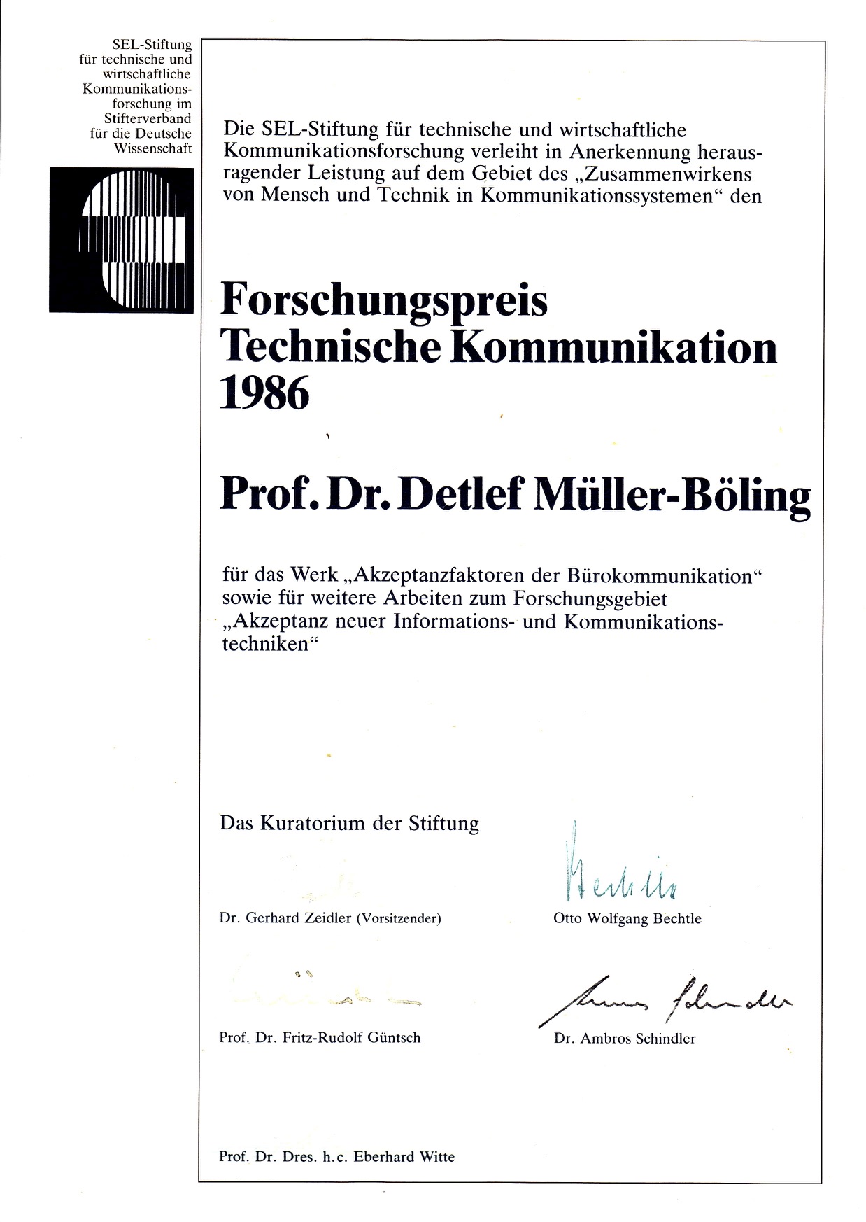 1986_09 SEL-Forschungspreis Urkunde