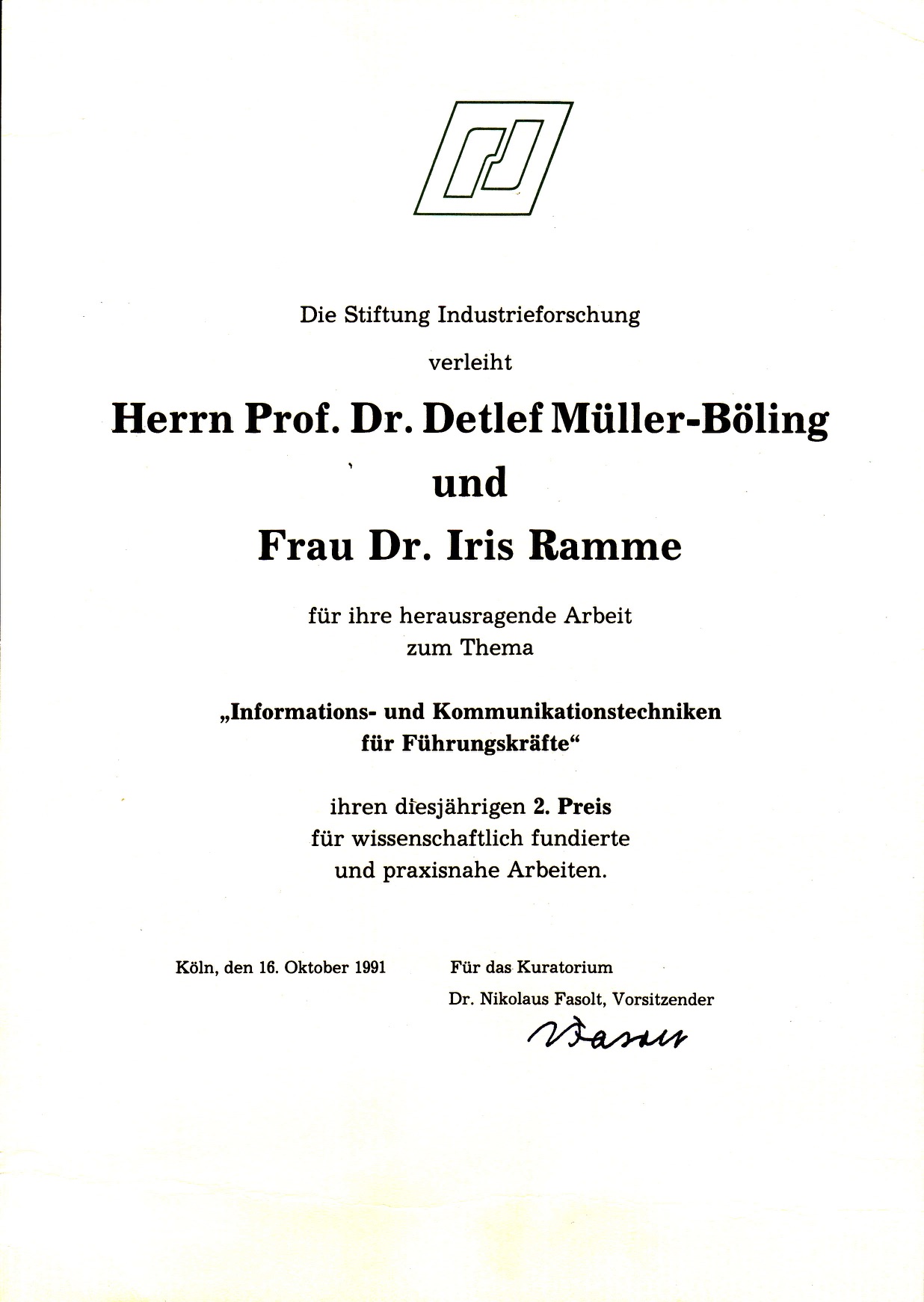 1991_10_16 Stiftung Industrieforschung Urkunde